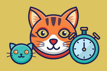 Obraz premium Cat Vector Head Face Alarm Clock Time Kitten Icon Calico Neko Pet Cartoon Character Munchkin Illustration Symbol Clip Art Isolated Design.