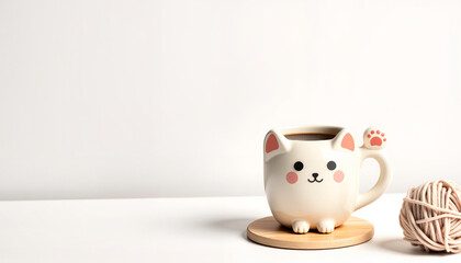Fototapeta premium Cute cat-themed coffee mug with wooden coaster and ball of yarn on white background