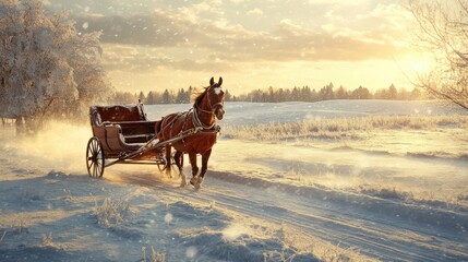 Winter's Horse-Drawn Carriage: A horse-drawn carriage journeys through a serene winter landscape blanketed in snow. The scene captures a moment of tranquility and the charm of a bygone era.