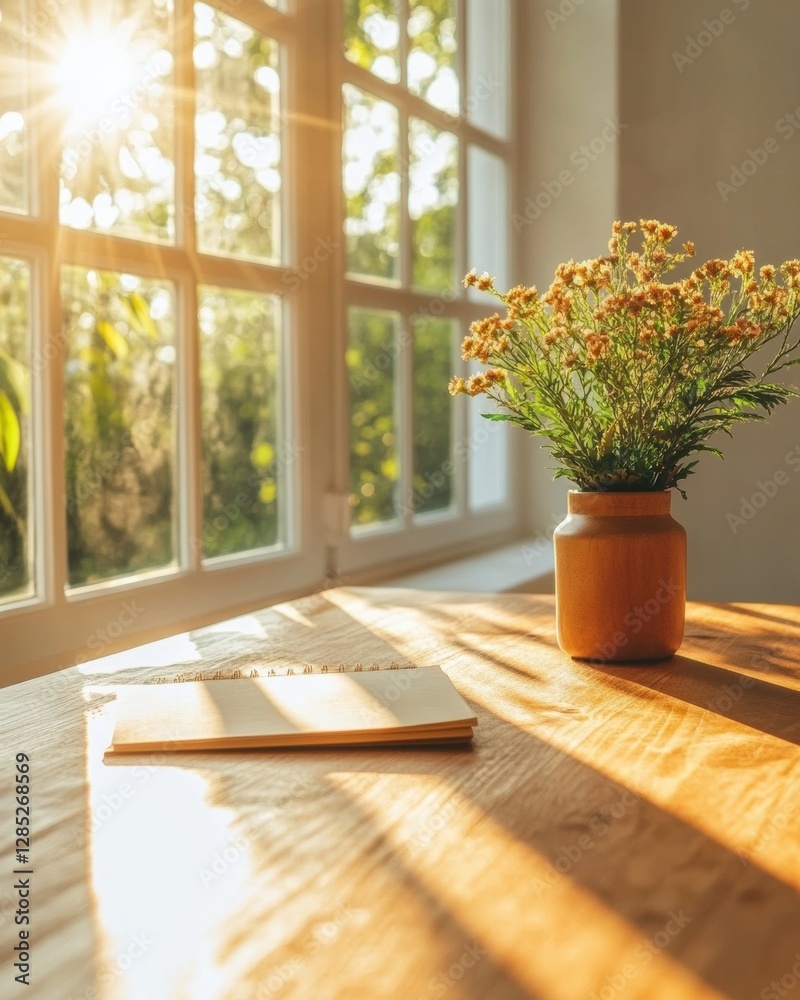 Poster sunlit rustic workspace wooden desk with notepad and floral vase - inspiring creative content and na