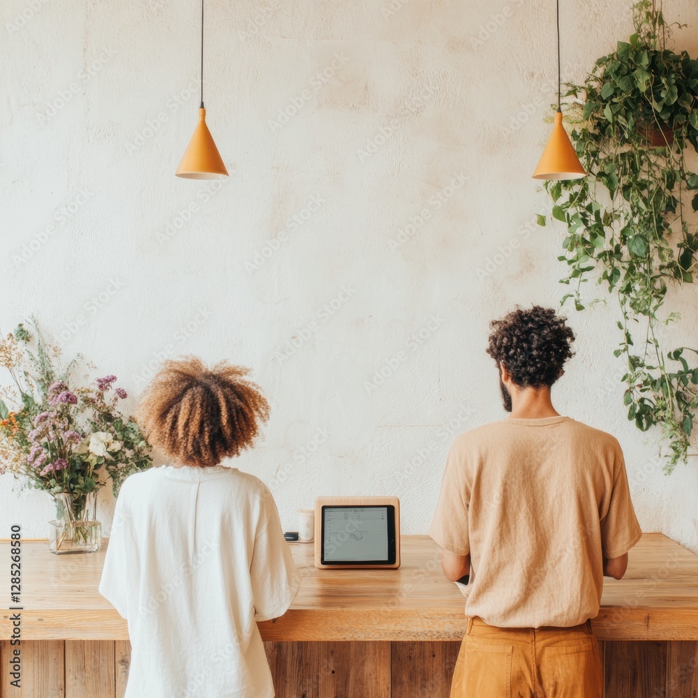 Poster modern hybrid coworking cafe creative professionals collaborative networking at wooden counter with 