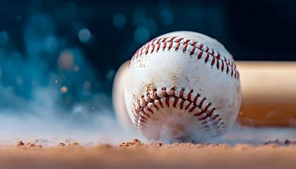 Baseball resting on dusty field, bat blurred, smoke effect. Sports action photo