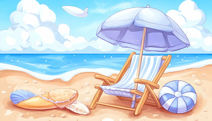 Beach chair, umbrella, ocean view, summer vacation