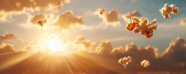 A stunning sunset scene with golden rays illuminating fluffy clouds against a vibrant sky, creating a serene and picturesque atmosphere.