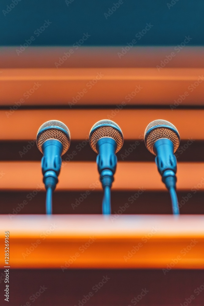 Aufkleber vibrant audio tech trio of sleek microphones on modern podium - interactive press setup for dynamic 