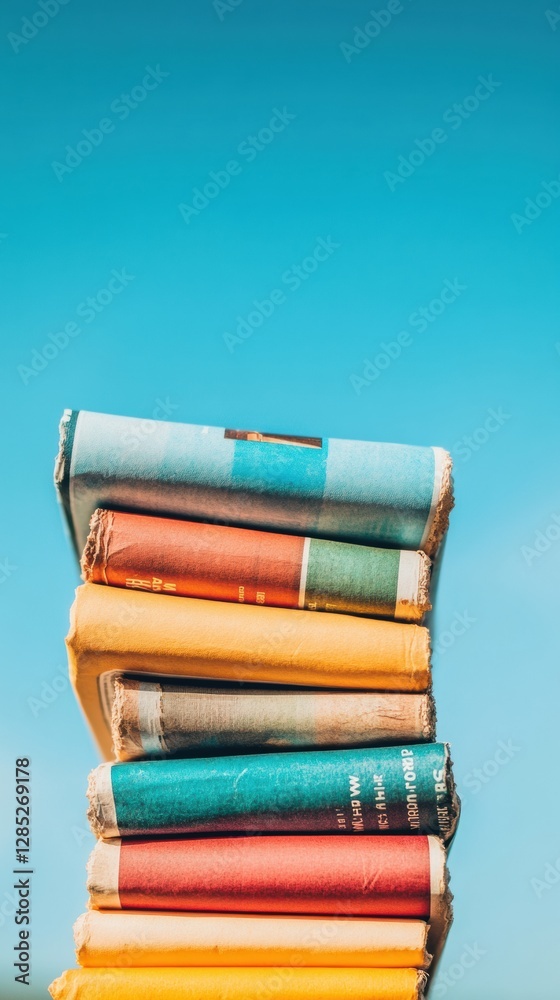 Poster Vibrant Print Media Display Stacked Colorful Newspapers on Minimalist Background - Enhancing Traditional Content Distribution for Modern Business and Marketing Strategies