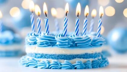 Birthday cake with candles, celebration, bokeh background, festive