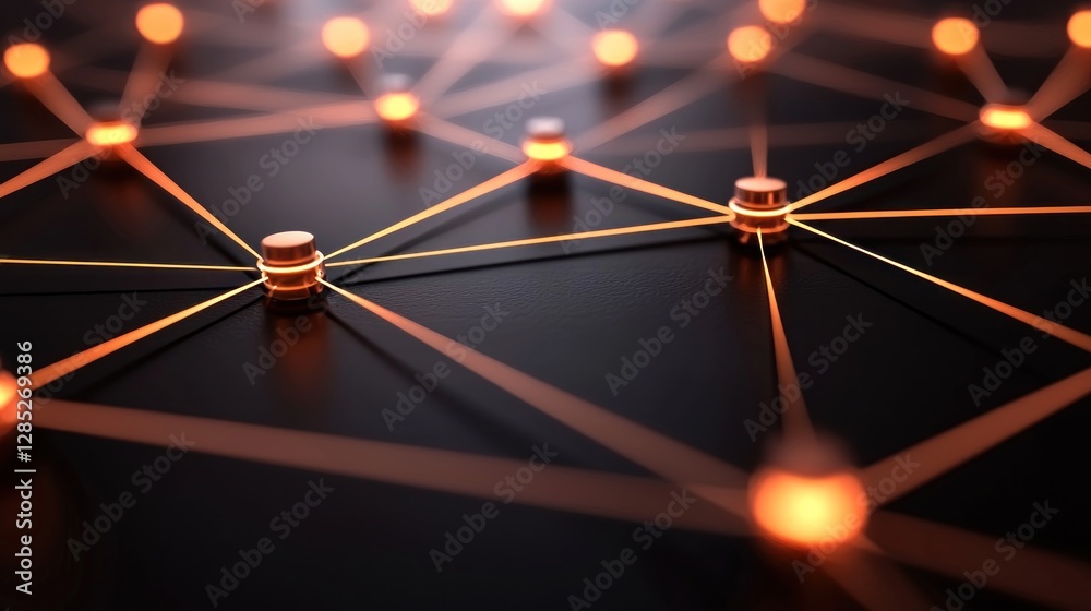 Wall mural abstract network connections with glowing nodes on a dark surface, symbolizing technology and commun