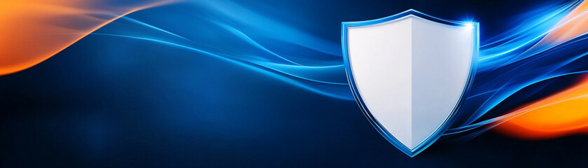 Vibrant blue and orange abstract background with shield design