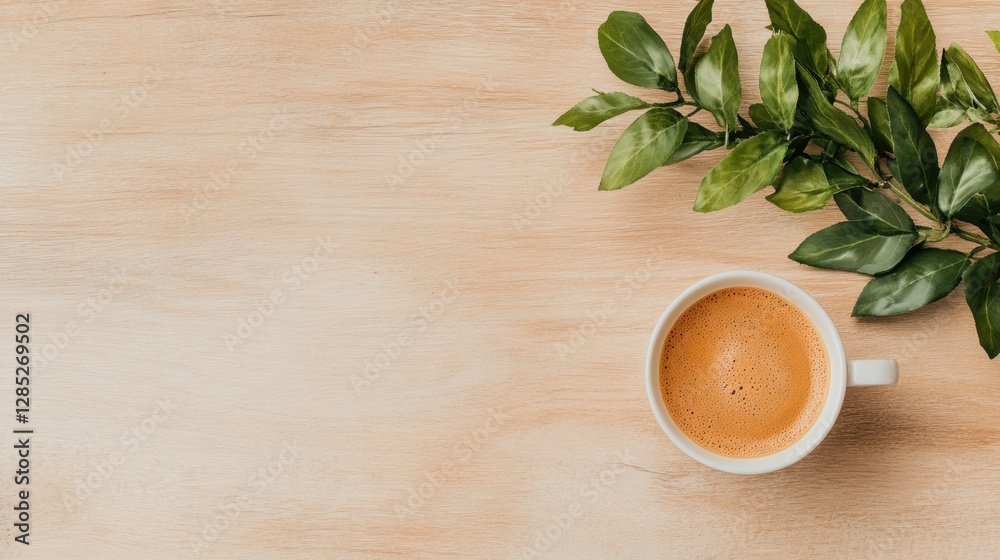 Aufkleber scandinavian workspace aesthetic minimalist wooden desk with coffee and greenery - remote work conte