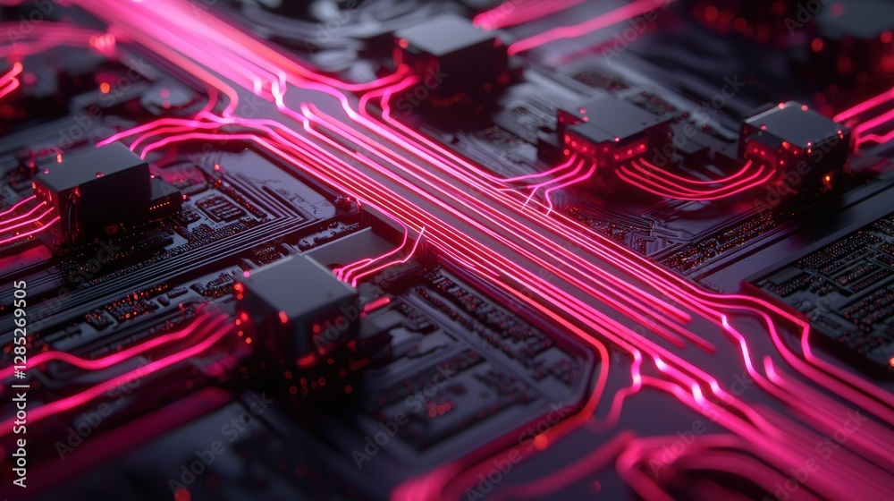 Sticker abstract view of a futuristic circuit board with glowing pink lines and microchips, showcasing techn
