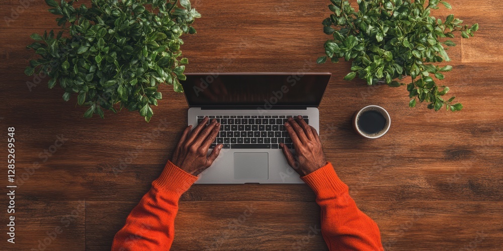 Poster natural wooden workspace top-down view of typing hands on a sleek gray laptop with coffee - digital 