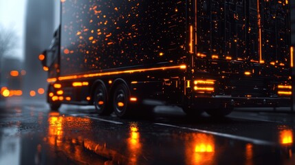 Obraz premium Futuristic truck illuminated by orange lights on a rainy city street at dusk, reflecting on wet pavement