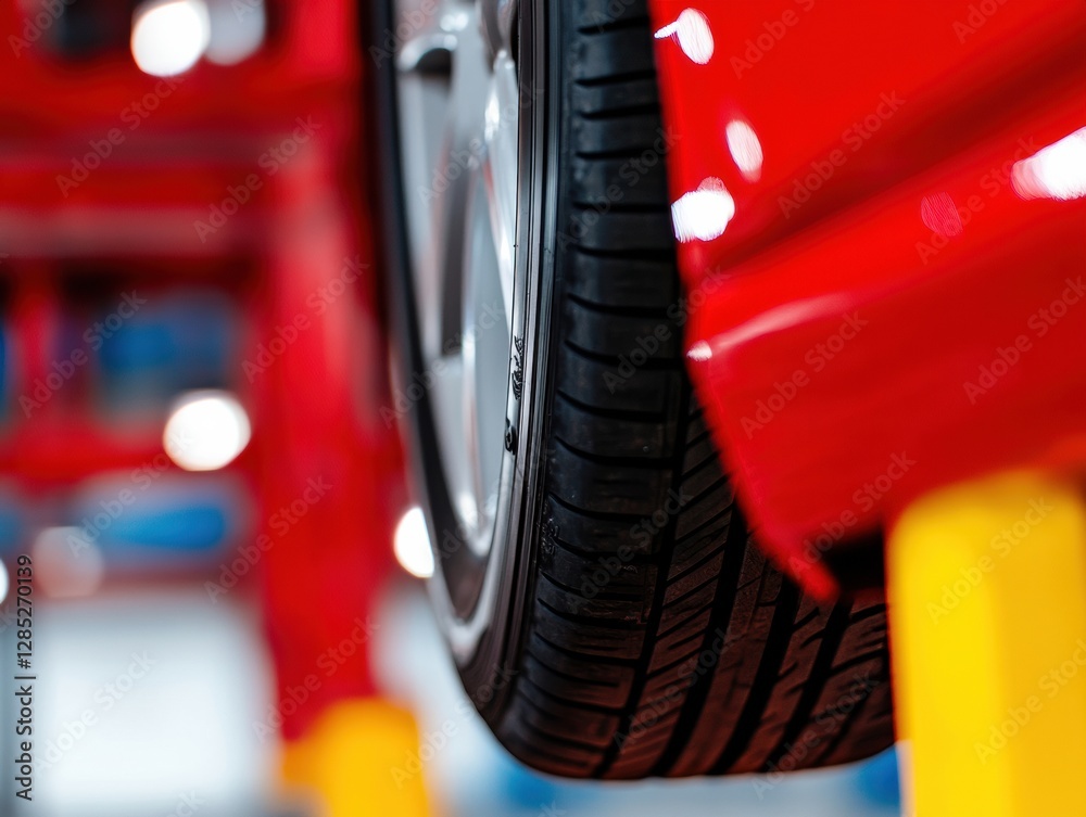 Poster futuristic automotive precision mechanic wheel alignment on sleek lift - high-tech maintenance displ