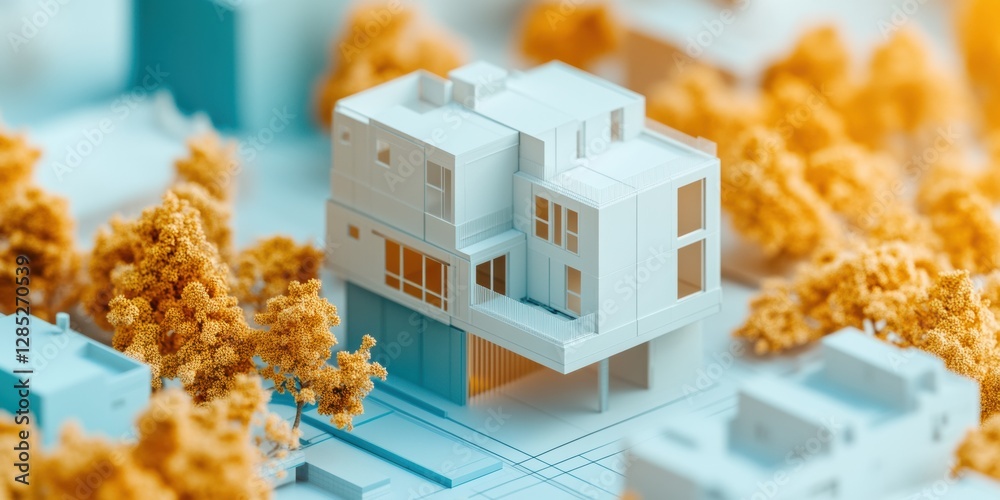 Fototapete modern architectural model display minimalist urban building in soft pastel setting with golden foli
