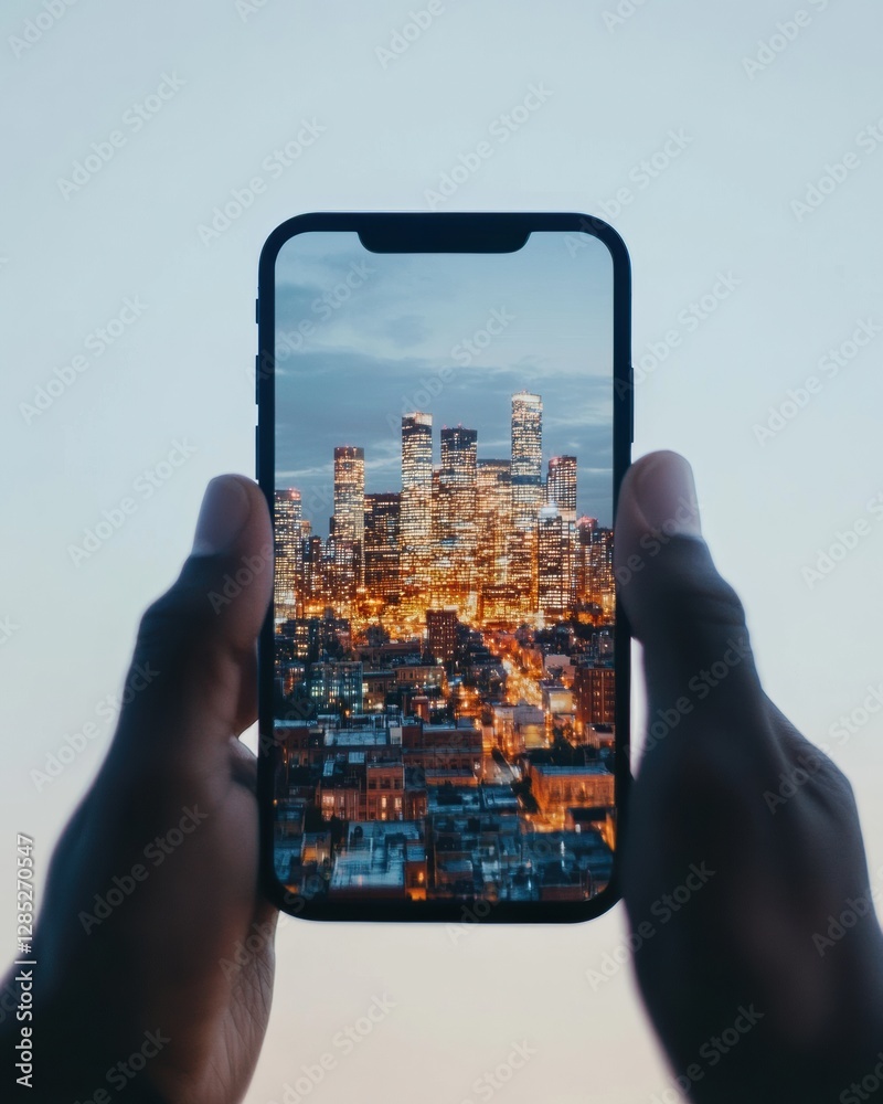 Poster virtual cityscape experience immersive smartphone view from cozy tech-driven home - enhancing online