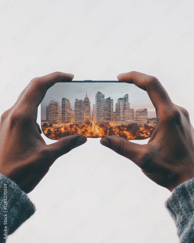 Aufkleber tech-driven virtual travel smartphone with vibrant cityscape on interactive screen - immersive digit
