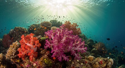 Obraz premium Colorful Coral Reef with Sunlight and Fish Swimming Underwater