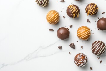 Modern Gourmand Experience Artisanal Caramel Truffles on Marble Flat Lay - Premium Dessert Display for Luxury Confectionery Marketing and Culinary Content Creation