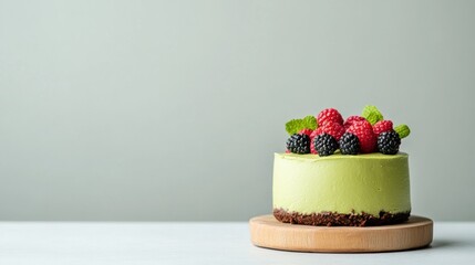Minimalist Gourmet Cake Display Matcha Mousse with Fresh Berry Garnish on Wooden Stand - Elegant Dessert Styling for Luxury Events and Modern Culinary Marketing