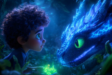 Boy meets glowing dragon in enchanted forest; fantasy film scene
