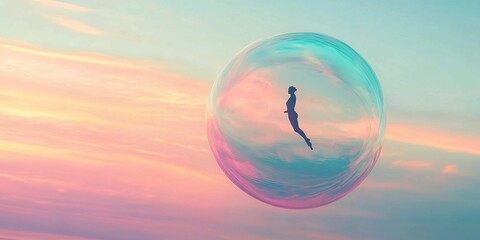 Person hovering inside a giant bubble against a colorful sunset background