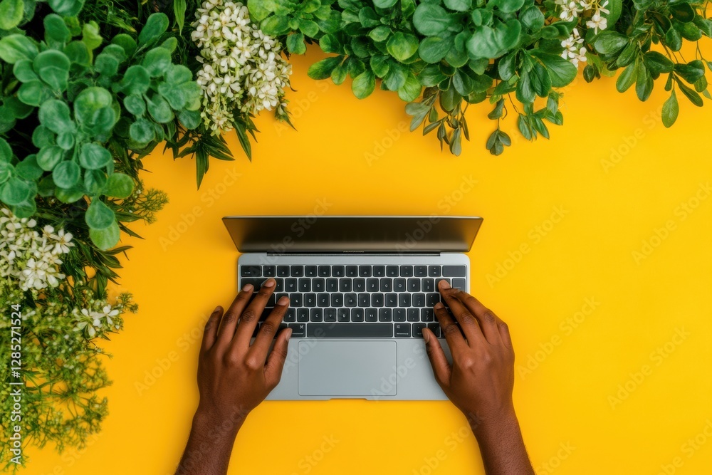 Aufkleber vibrant tech workspace diverse hands typing on laptop with greenery overhead on yellow desk - modern