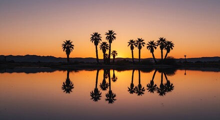 Naklejka premium A serene sunset over a desert lake, with reflections of palm trees dancing on the water’s surface.