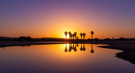 A serene sunset over a desert lake, with reflections of palm trees dancing on the water&rsquo;s surface.