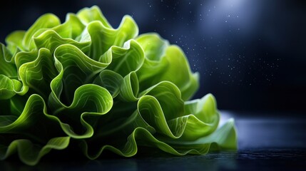 Obraz premium Close-up view of vibrant green lettuce with intricate ruffled leaves, softly illuminated