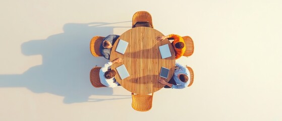 Modern Corporate Collaboration Overhead View of Diverse Team at Sleek Wooden Conference Table with Laptops - Business Innovation and Digital Strategy for Tech Industry Synergy