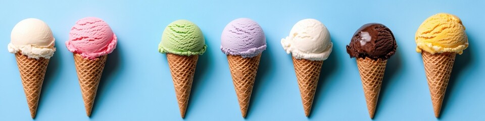 Pastel Aesthetic Ice Cream Lineup Artisanal Cones with Toppings on Slate - Premium Dessert Content and Gourmet Frozen Treats Marketing for Modern Indulgence