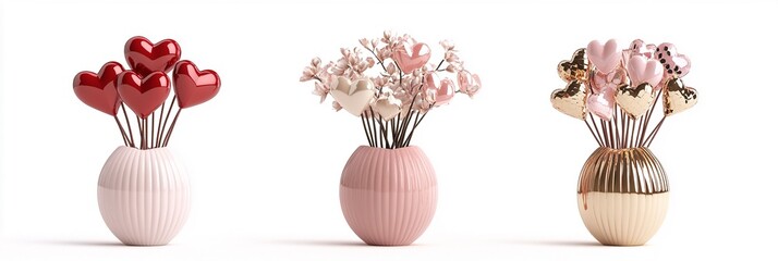 Stunning 3D Floral Bouquets with Heart Elements in a Stylish Pink Vase - Perfect for Valentine's Day, Weddings, and Home Decor - High-Quality Illustration on White Background