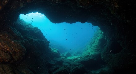 Obraz premium Exploring the Underwater Cave with Fish Swimming in Clear Blue Water