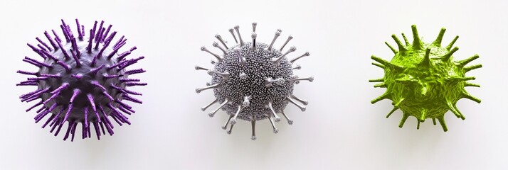 Stunning Photorealistic Close-Up of Three Distinct Viruses on a Clean White Background – Explore Translucent Purple, Metallic Gray, and Bright Neon Green Microorganisms in Detail