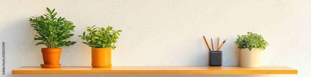 Poster contemporary minimalist desk setup with wireless accessories and potted plants on wood shelf - inter
