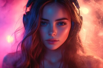 Obraz premium Woman With Headphones In Neon Lights