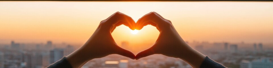 Fototapeta premium Urban Mindfulness Gesture Serene Heart Shape Silhouette Against Sunrise Over Cityscape - Contemporary Wellness Content and Self-Care Messaging for Modern Lifestyle Promotion