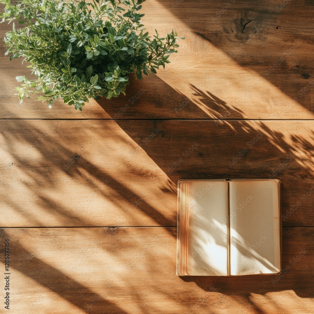Poster Natural Workspace Vibes Open Notebook and Greenery on Sunlit Wooden Desk - Inspiring Content Creation for Eco-Friendly Office Spaces and Creative Workflow Enhancement