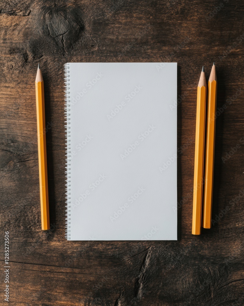 Aufkleber Minimalist Academic Workspace Spiral Notebook and Pencils on Rustic Wooden Desk - Modern Educational Content and Study Space Design for Enhanced Learning Efficiency