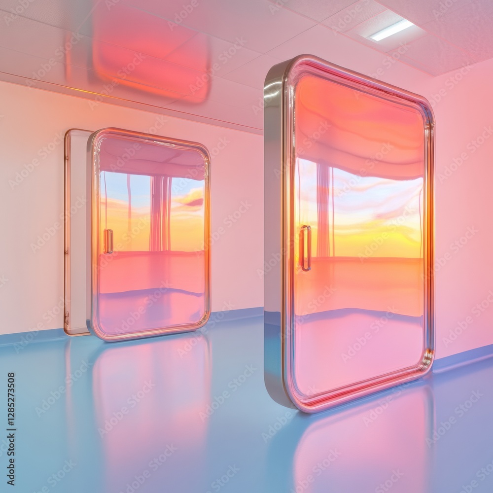 Poster retro-futuristic sci-fi doors with glass and metallic frames in a polished laboratory setting innova