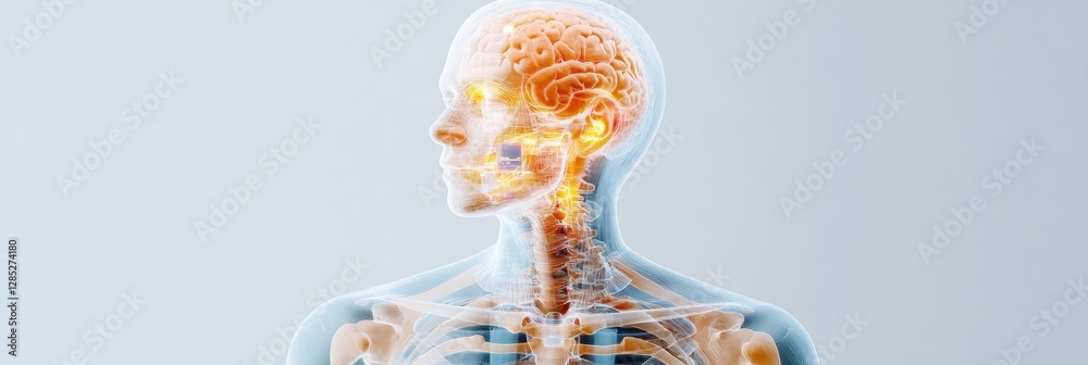 Poster futuristic medical visualization transparent anatomical human model with neural projections for inte