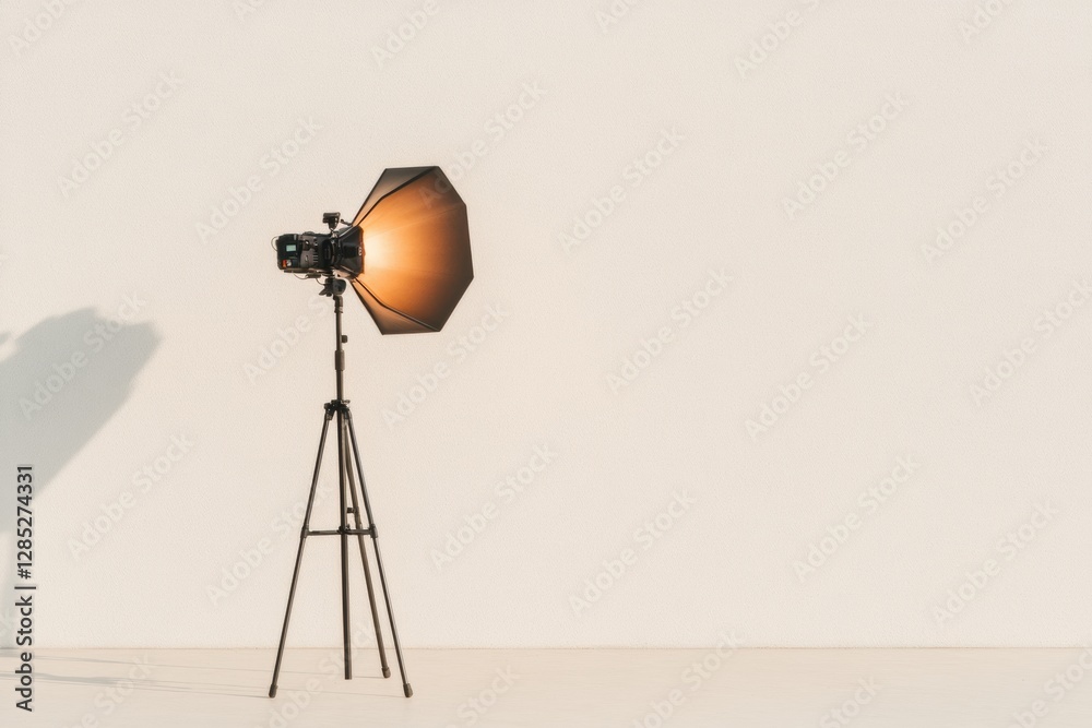 Poster minimalist studio lighting setup sleek tripod with reflective umbrella for contemporary visual produ