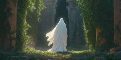 Enigmatic figure in ethereal white garment surrounded by lush greenery in an abandoned ancient temple ruins