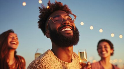 2010s-Influenced Social Gathering Multi-Ethnic Friends in Trendy Evening Tops on Rooftop - Vibrant Urban Lifestyle and Fashionable Event Marketing Strategy
