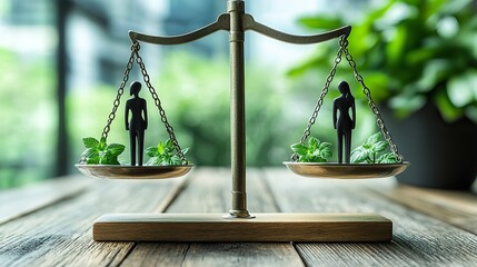A gender equality concept featuring a man and woman balancing on a scale is ideal for websites, social media posts, and educational materials.