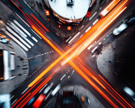 Dynamic Smart City Intersection Aerial View with Digital Traffic Coordination and Vibrant AR Overlays - Enhancing Urban Mobility for Infrastructure Development Solutions