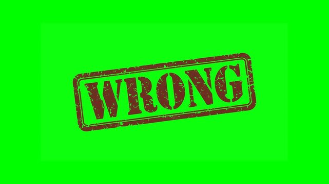 Animated "WRONG" rubber stamp seal with bold red text, featuring a zoom and hit effect on a green screen background, perfect for incorrect answers, rejected decisions and mistake indications