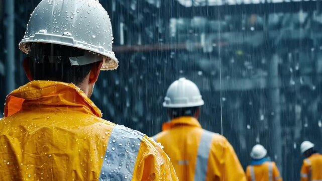 Construction workers braving the rain on-site