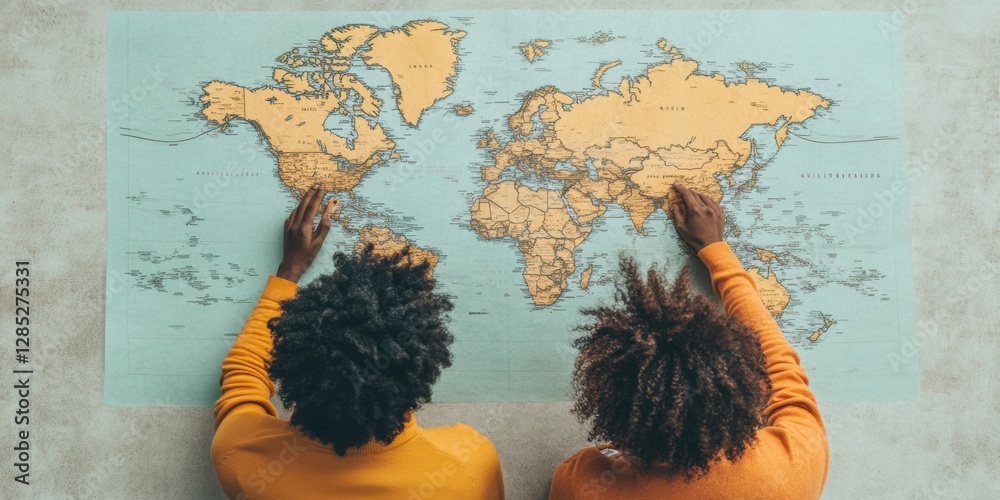 Aufkleber Interactive Cartography Diverse Team Analyzing Vintage Map for Digital Travel Insights - Enhancing Virtual Tourism and Geospatial Data Applications in Global Business Strategies
